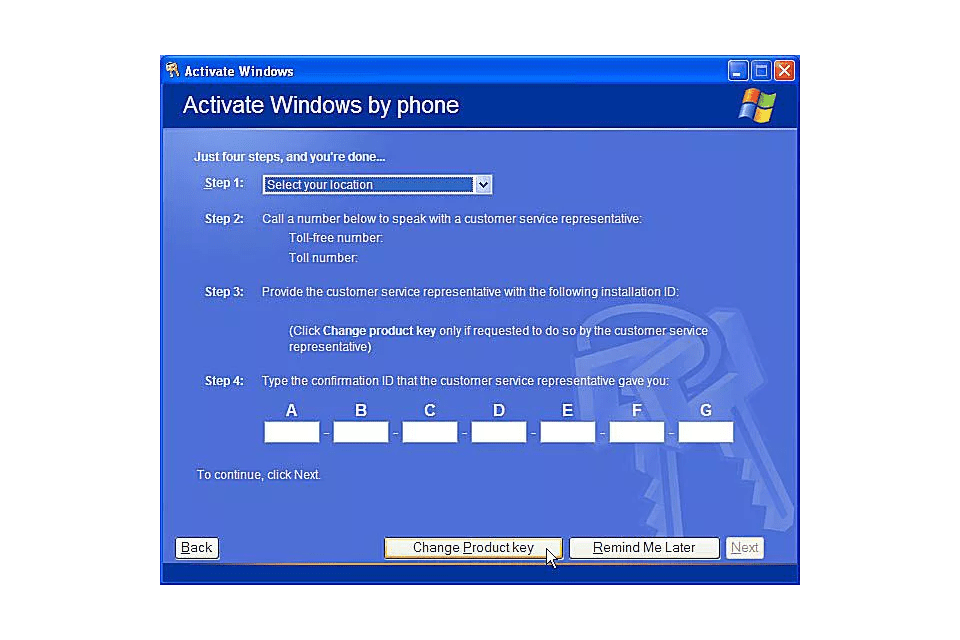 windows xp phone activation code